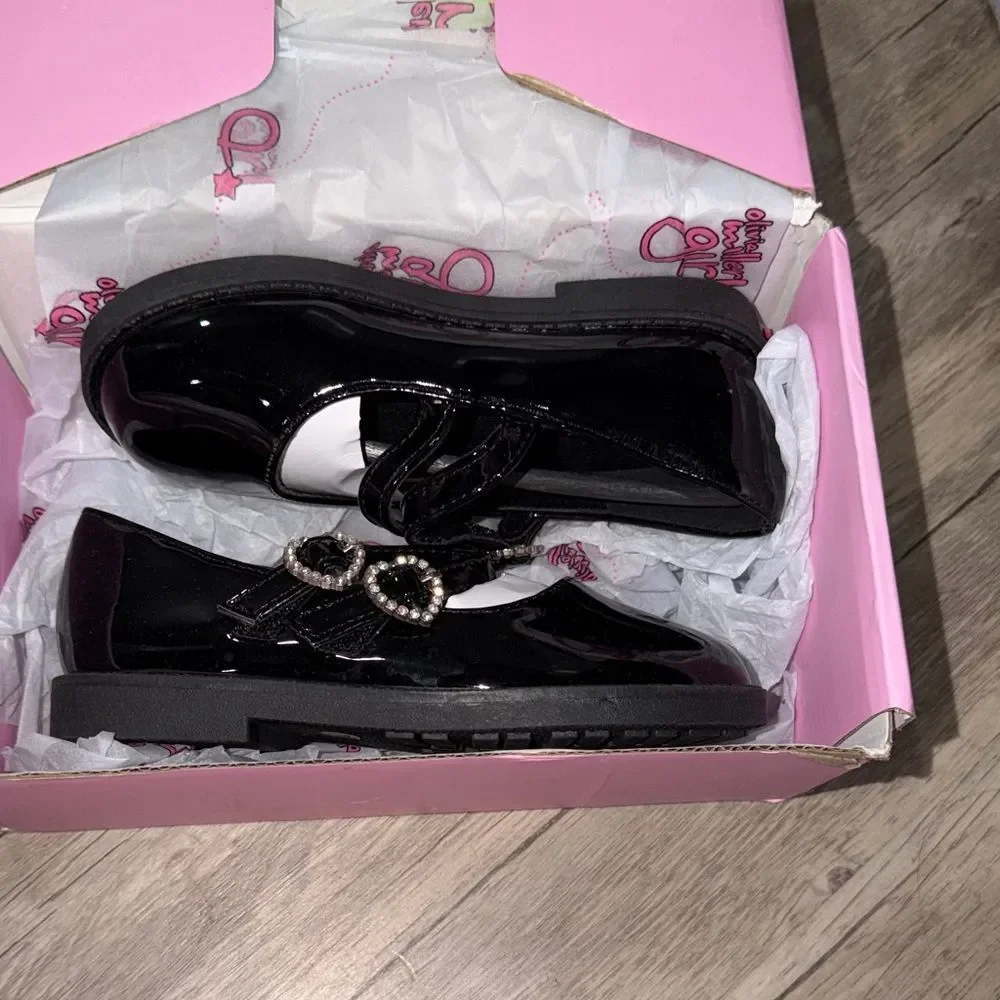 Olivia Miller Black Patent Mary Jane Shoes with Heart Buckles